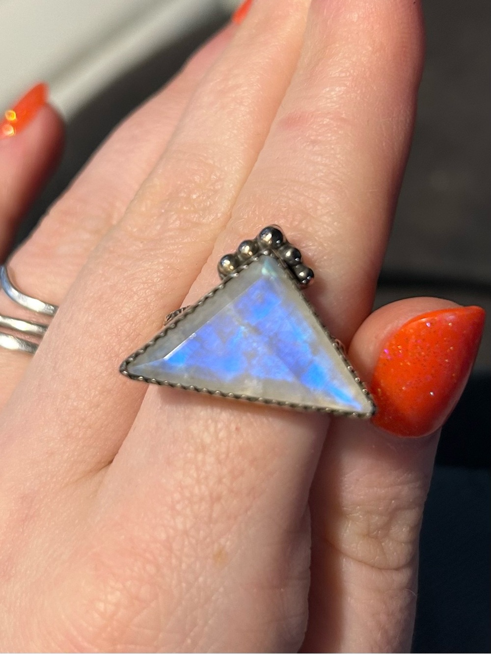 Sterling Silver Triangle Moonstone Ring in Blue-White
